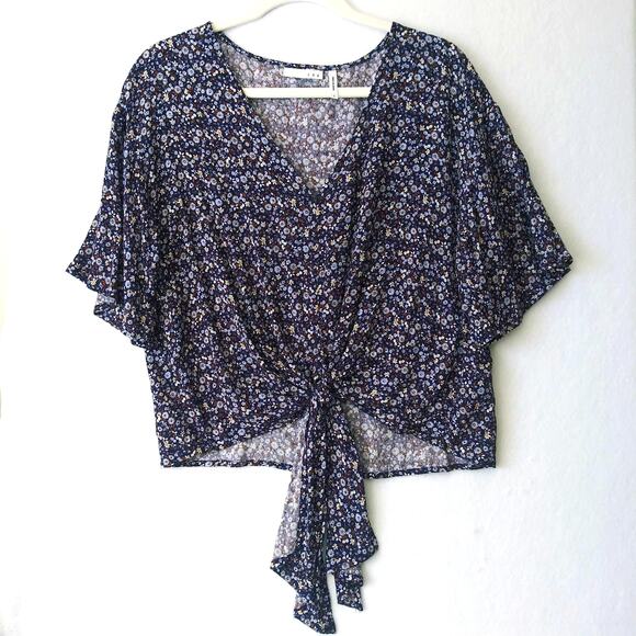 LUQ Sz S Ditzy Floral Tie Front Blouse Top Crop Flutter Blue Spring Boho Cottage - Picture 1 of 10